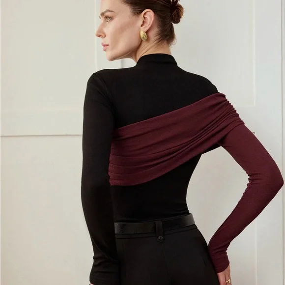 Black and Burgundy Off-Shoulder Top - Picture 3 of 3